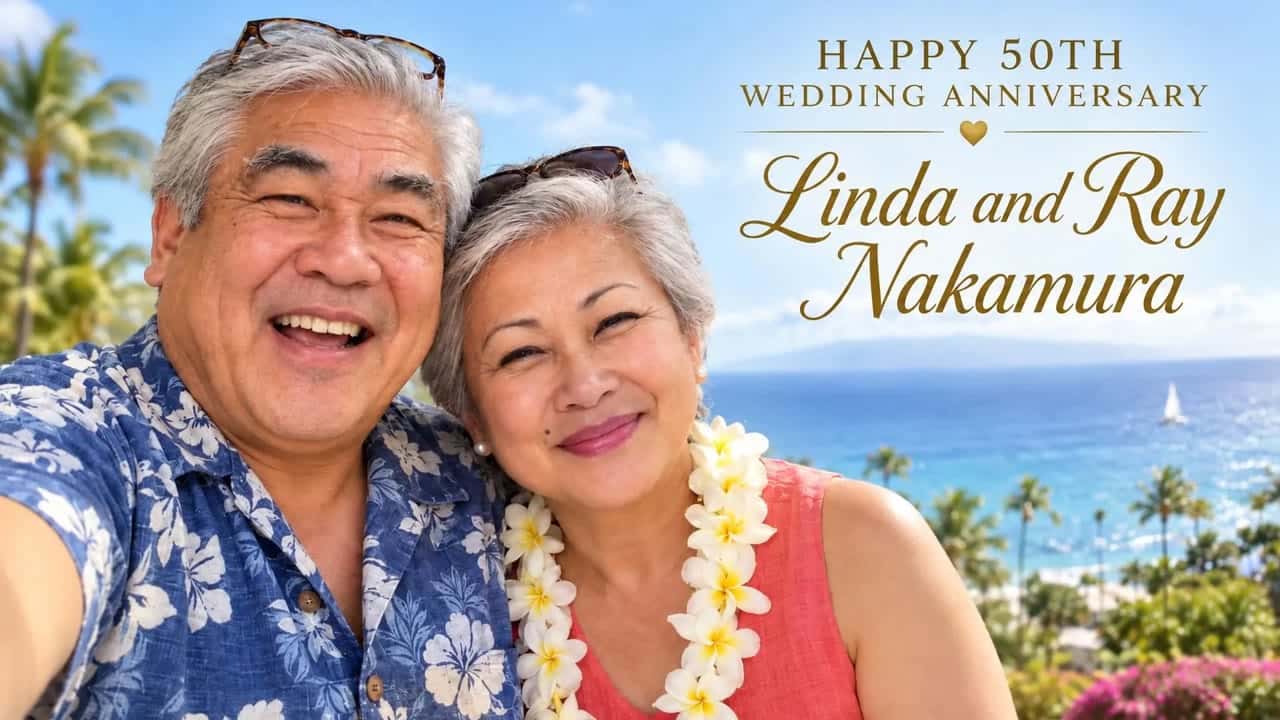 Linda and Ray 50th anniversary video, landscape, on a television