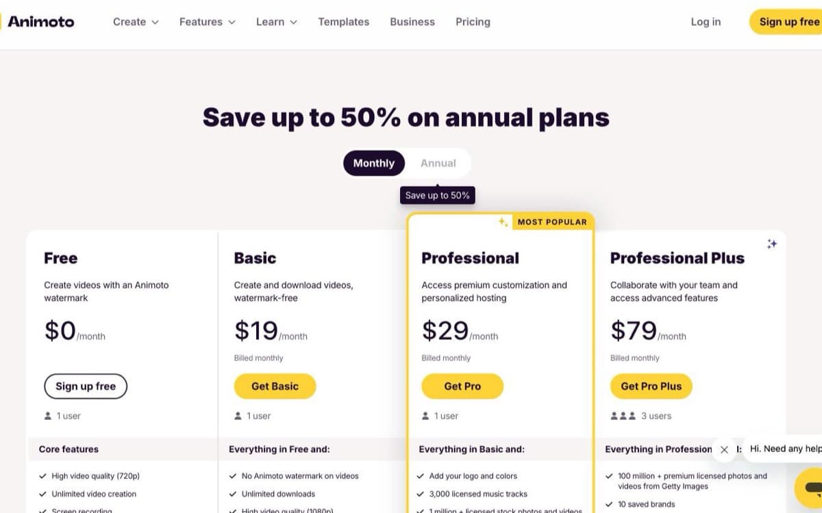 Animoto’s pricing page with the billing toggle on monthly