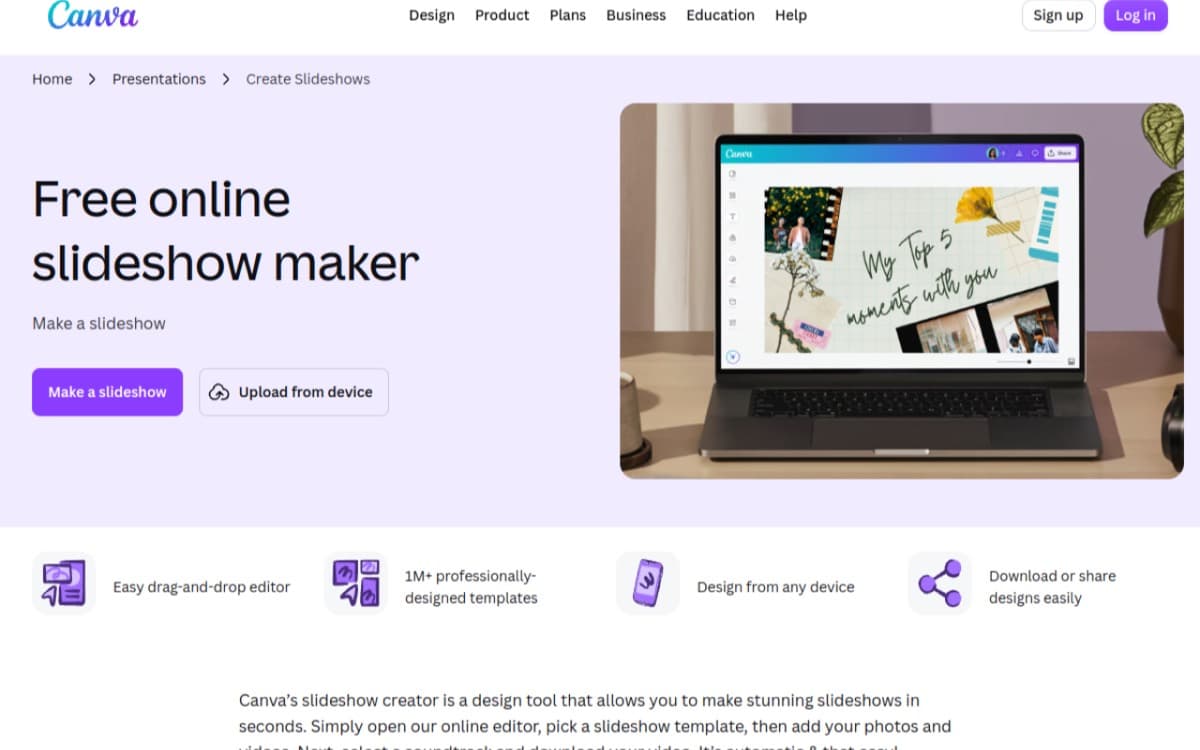 Canva’s free online slideshow maker page