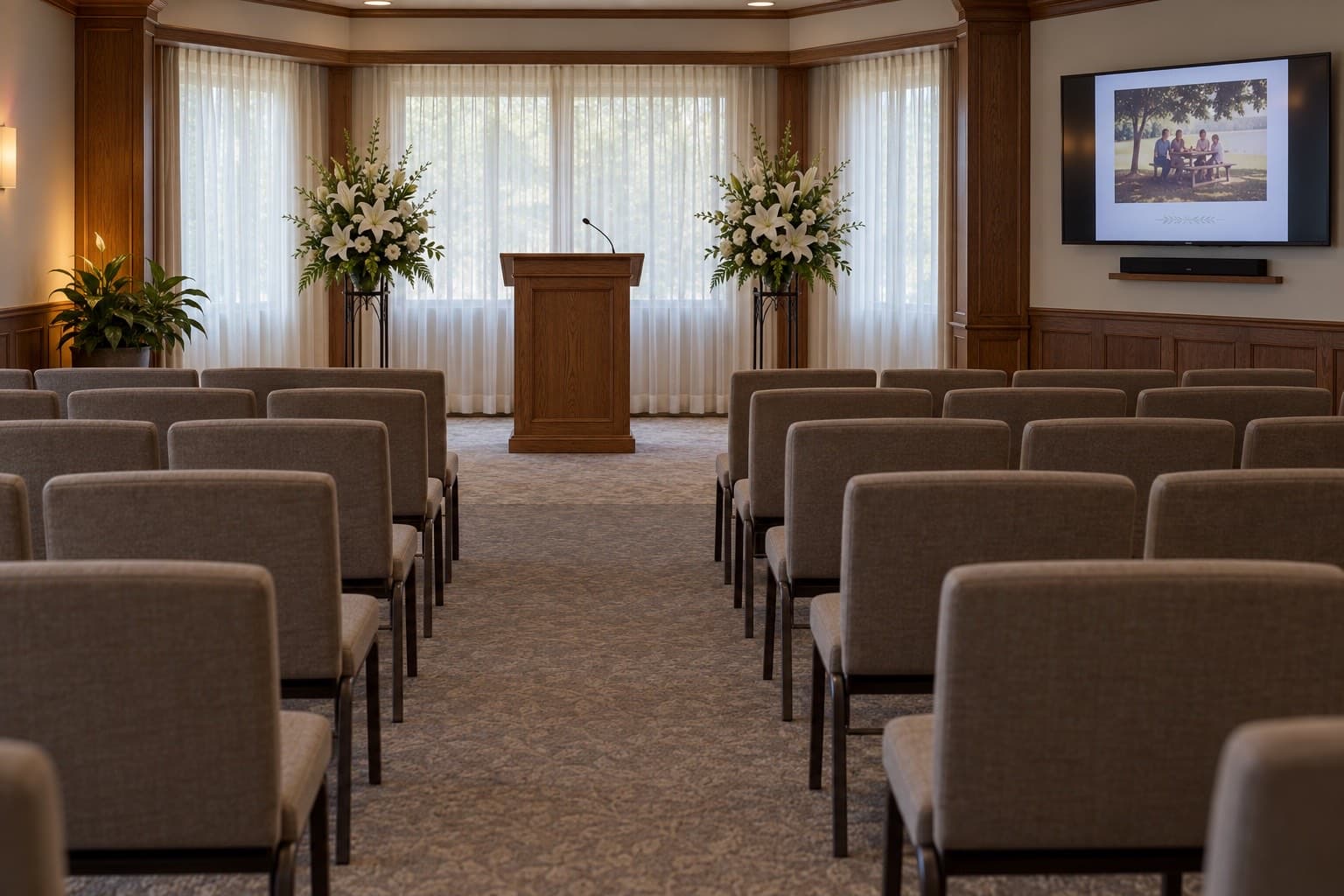 An empty funeral home chapel with a wall screen showing a family photo before the service