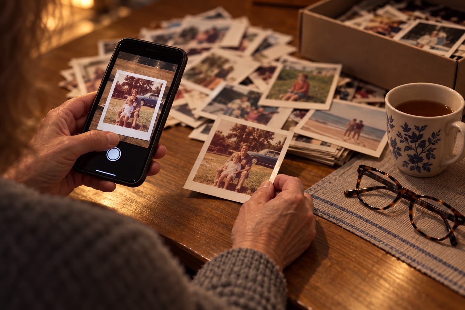 A woman at a kitchen table at night, face out of frame, photographing old instant prints with her phone beside a shoebox of photos