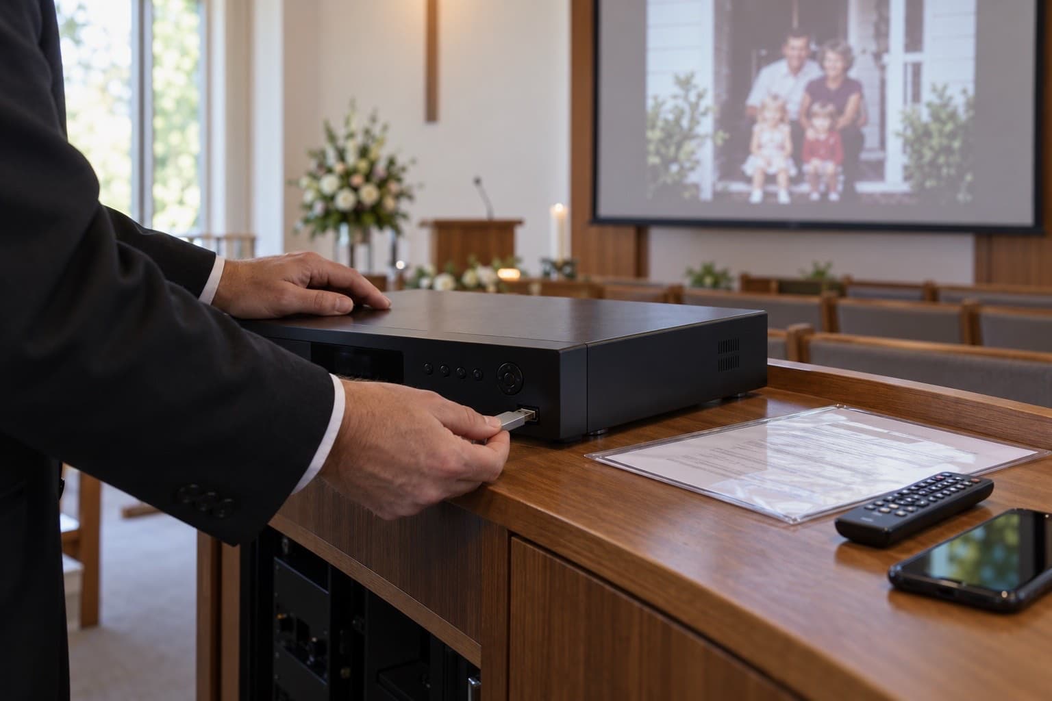A funeral director plugging a USB drive into the chapel media player beside a printed music note